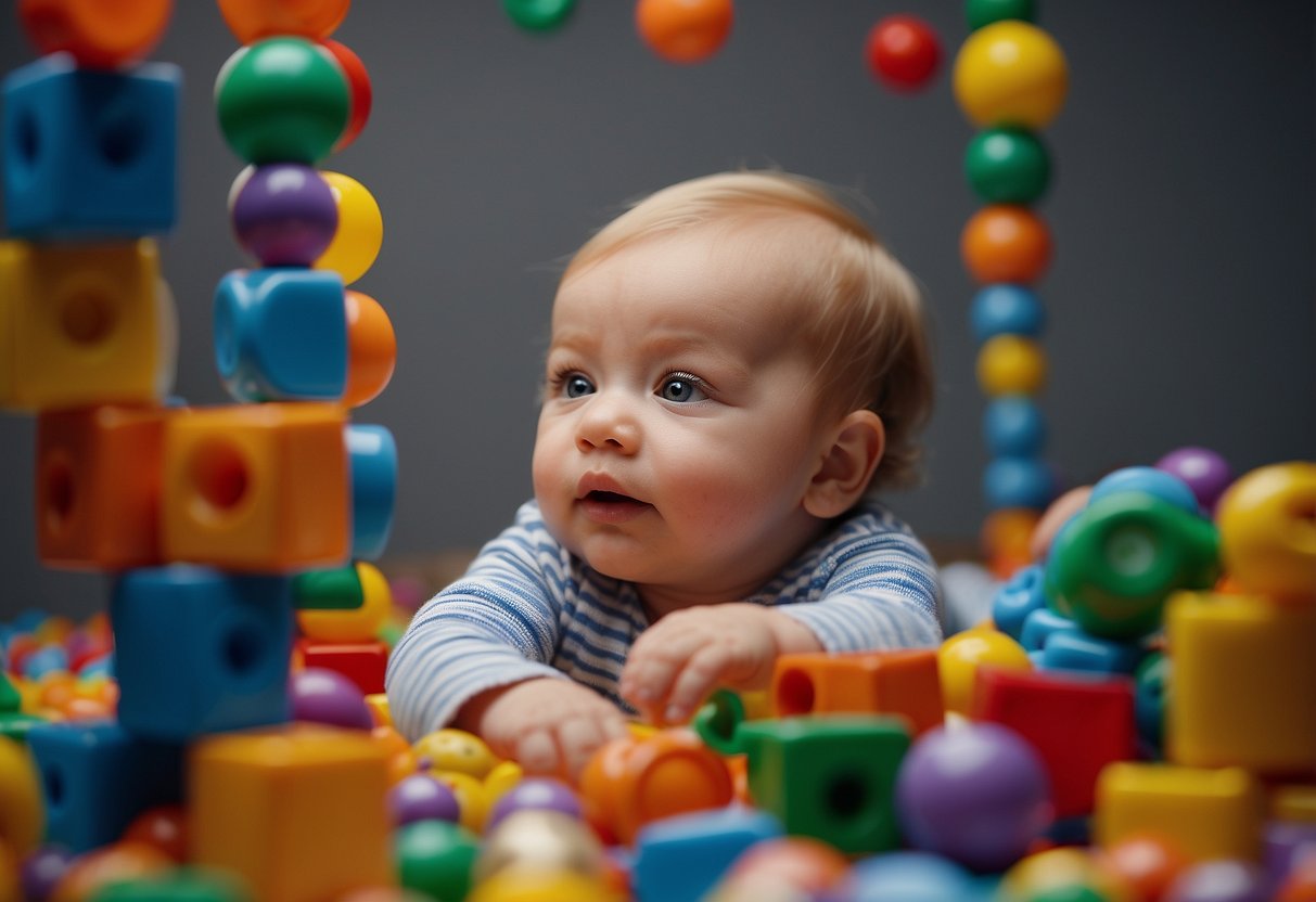 Babies playing with colorful blocks, stacking rings, and grasping textured toys. A baby reaching for a dangling mobile, crawling through a tunnel, and exploring with sensory balls