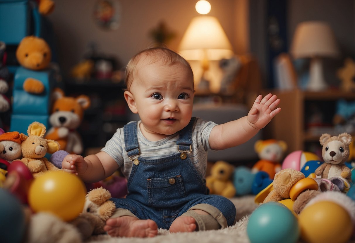 A baby surrounded by toys, reaching for objects, making eye contact, babbling, and responding to sounds and gestures