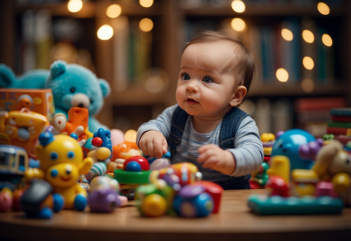 A baby gazes at colorful toys, books, and objects, reaching out to touch and explore their surroundings with wide-eyed wonder