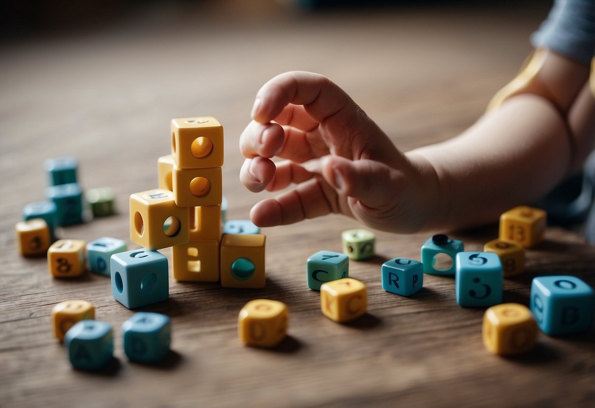 A baby points to objects when named, stacks blocks, and imitates simple actions