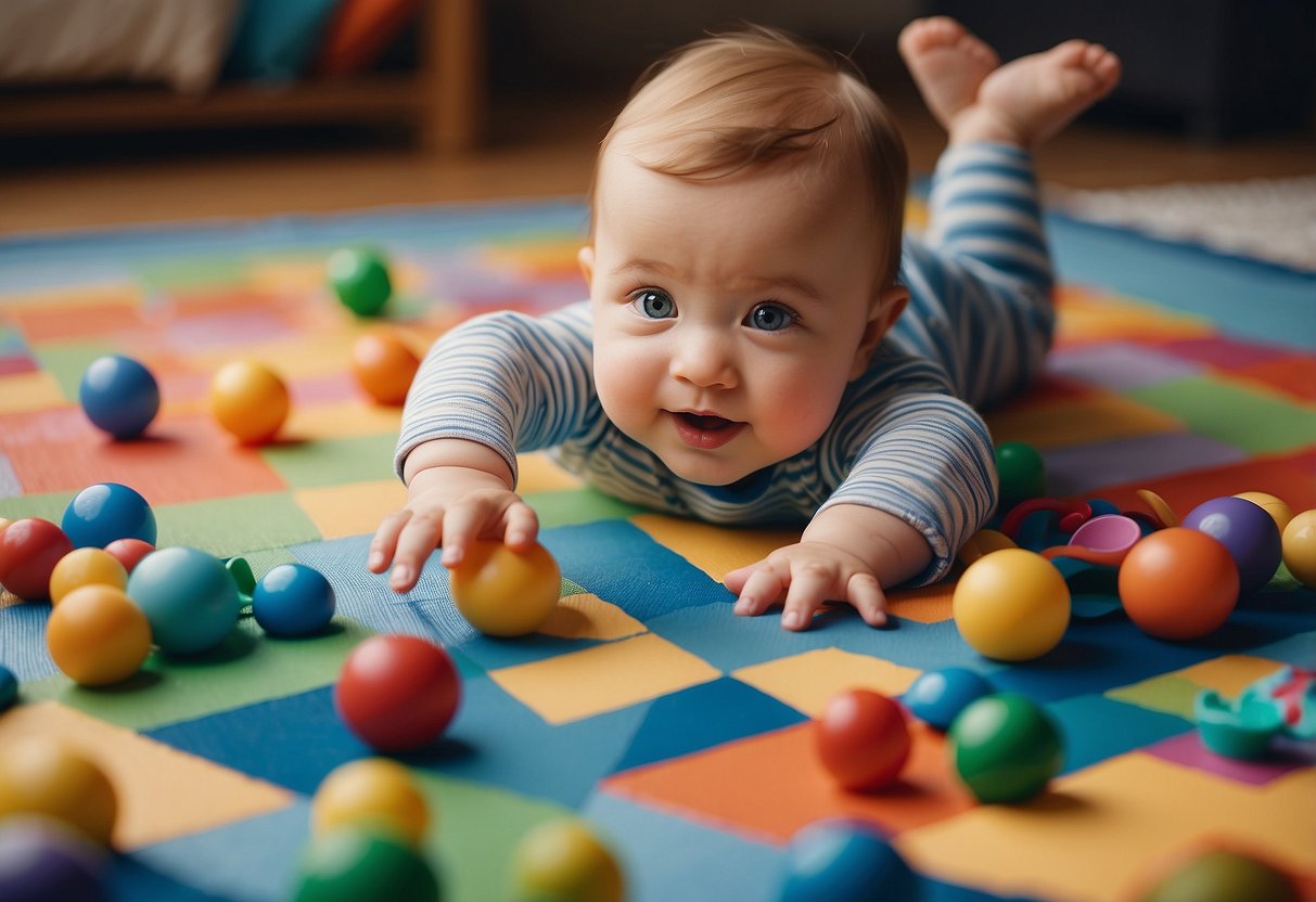 A baby reaching out towards colorful toys on a playmat