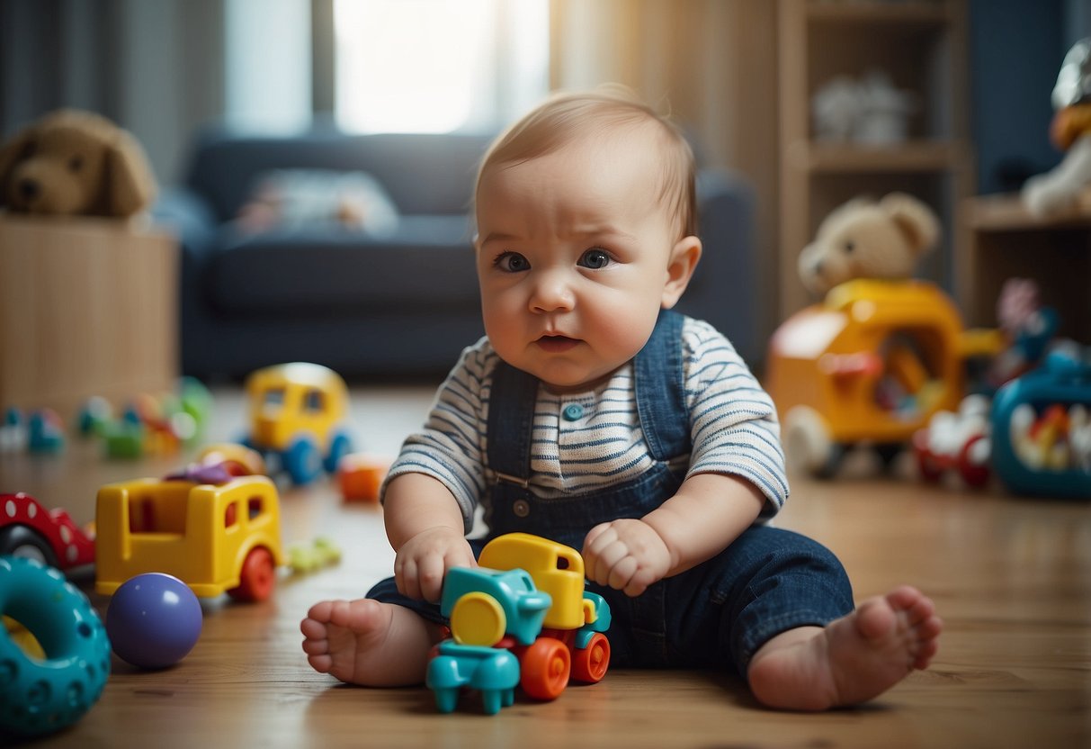 A baby plays with toys, imitating real-life activities. Toys scattered around, baby's focused expression