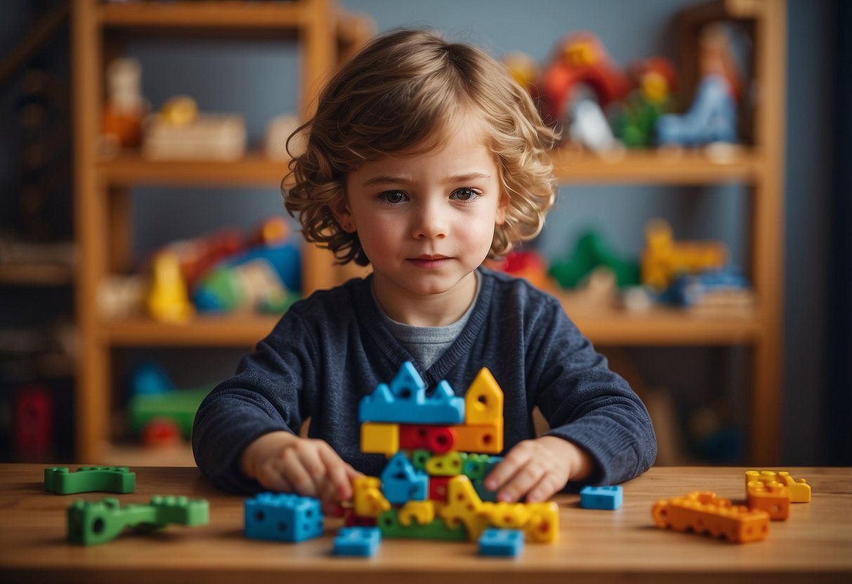 A child at a table with various puzzles, blocks, and toys. They are focused, experimenting, and problem-solving with determination