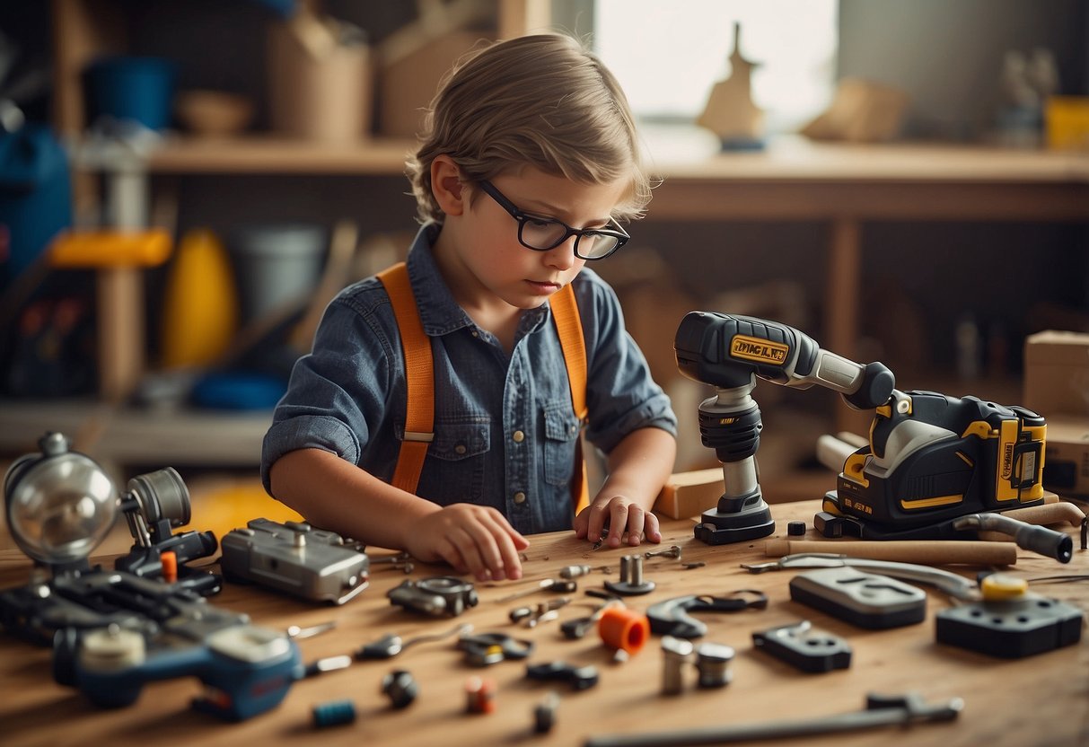 A child surrounded by various DIY materials, tools, and instructions, working on a project with focus and determination