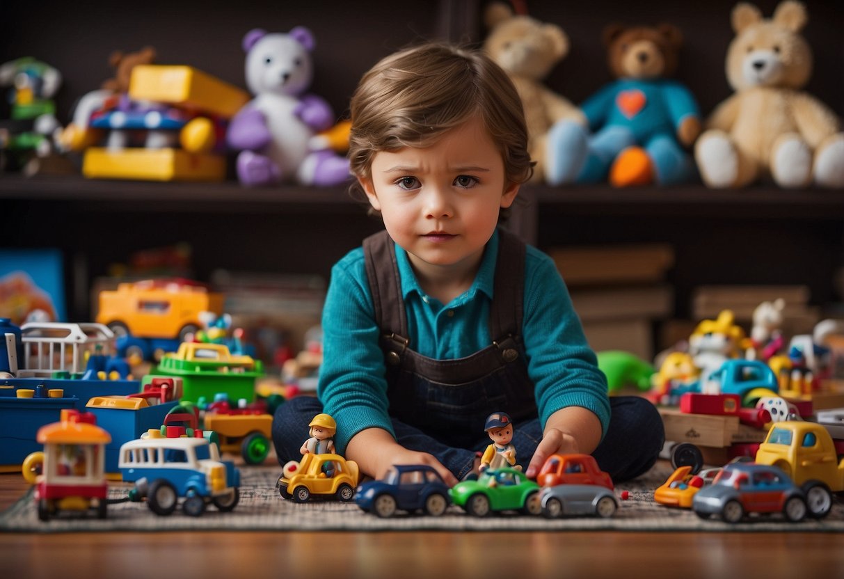 A child sits surrounded by toys, books, and puzzles. They look determined as they try to solve a problem, with a supportive adult nearby offering gentle guidance