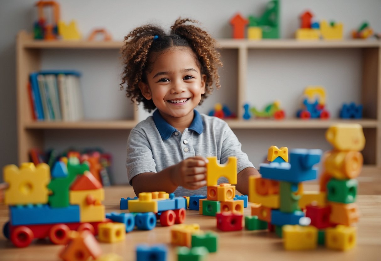 A child surrounded by puzzles, building blocks, and a variety of problem-solving toys. A parent or caregiver smiling and offering encouragement as the child engages with the activities