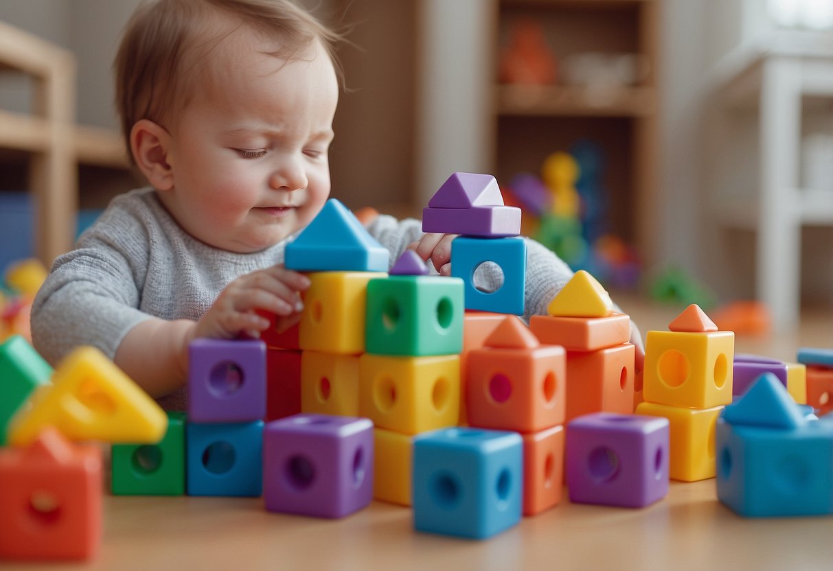 Babies playing with colorful toys, stacking blocks, and solving simple puzzles in a bright, stimulating environment