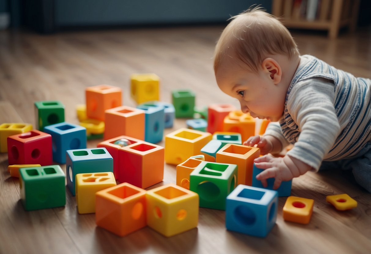 Colorful shape sorters scattered on the floor, with a baby reaching out to grab one. Bright, engaging toys in various shapes and sizes, stimulating brain development