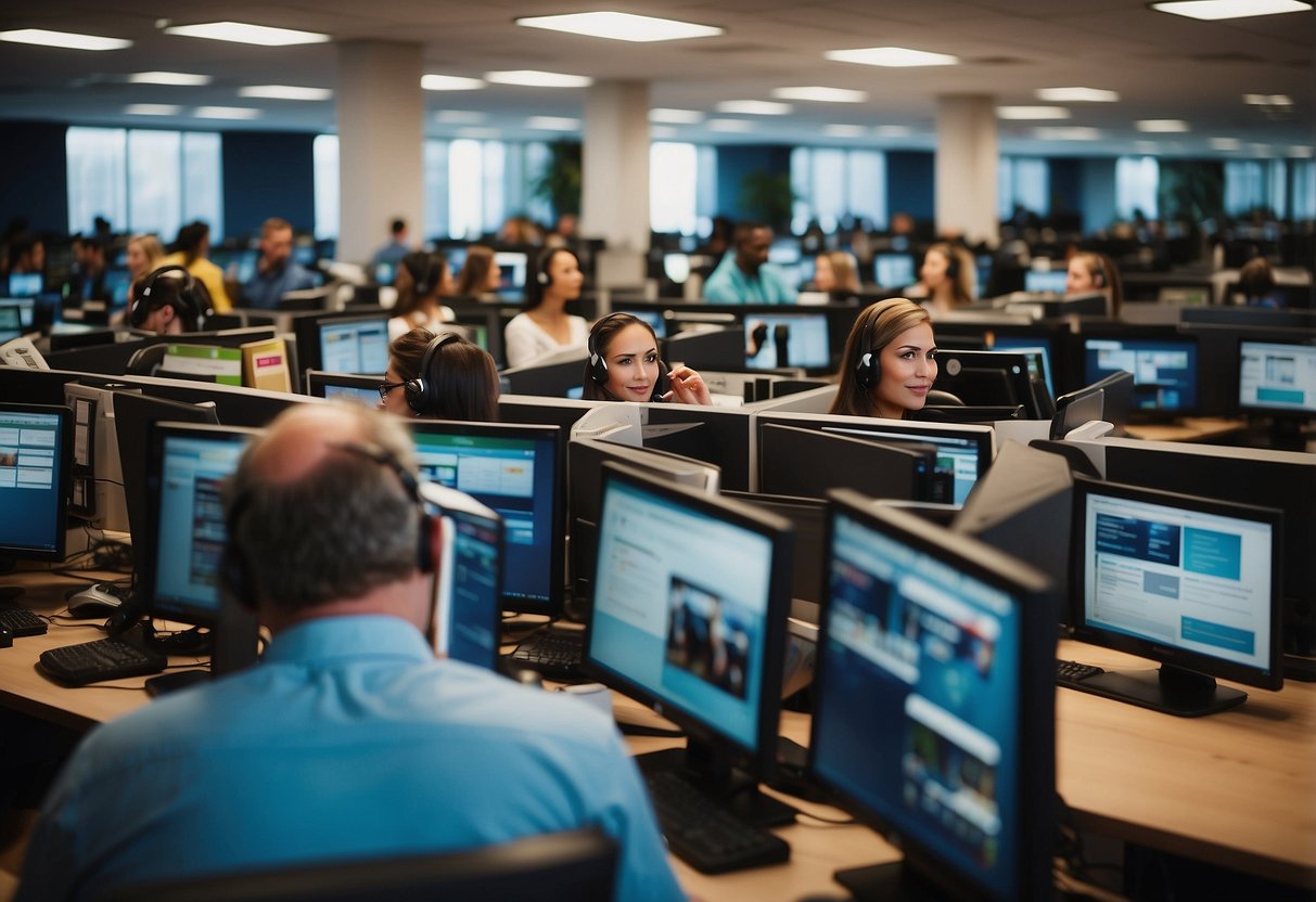 A bustling call center with AI-driven solutions in action, featuring logos of Humana, Priceline, Volvo, American Express, XCALLY, and Inv