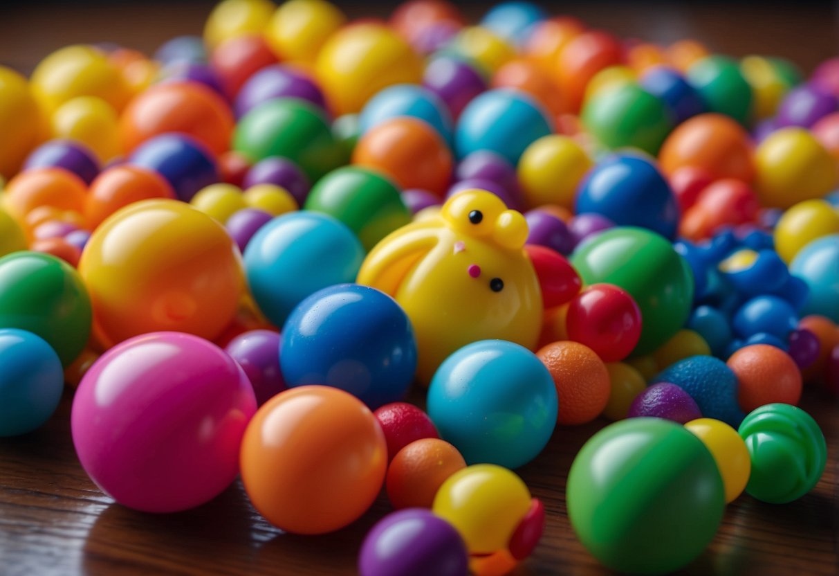 Bright, colorful rattle toys scattered on a soft, padded mat. Each toy features different textures, shapes, and sounds to engage a baby's senses