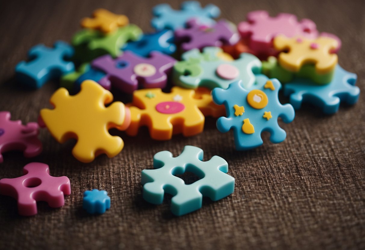 Brightly colored baby puzzles scattered on a soft, plush rug, with various shapes and sizes, surrounded by toys and books