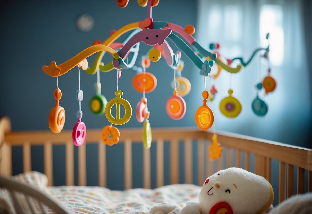 Colorful musical mobiles hang above a crib, while a baby plays with interactive toys and games that promote brain development