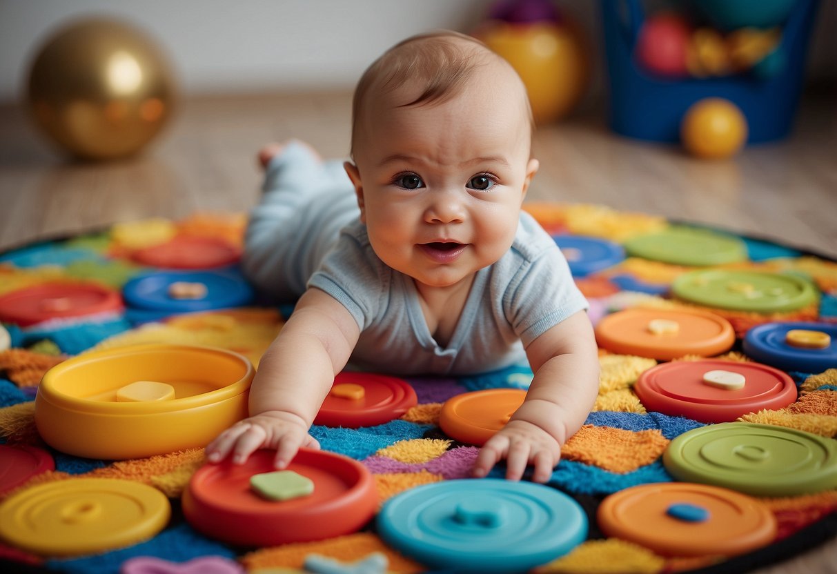 Colorful tummy time mats arranged in a circle with toys and games scattered around. A baby reaching for a toy, surrounded by bright, stimulating patterns and shapes