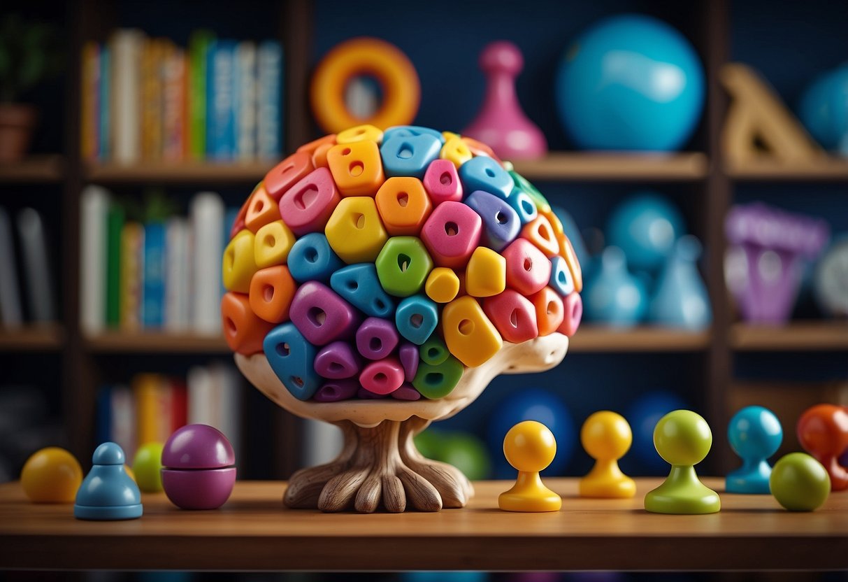 A shelf with colorful, educational games. A baby's brain grows as they play. The games are designed to stimulate cognitive development