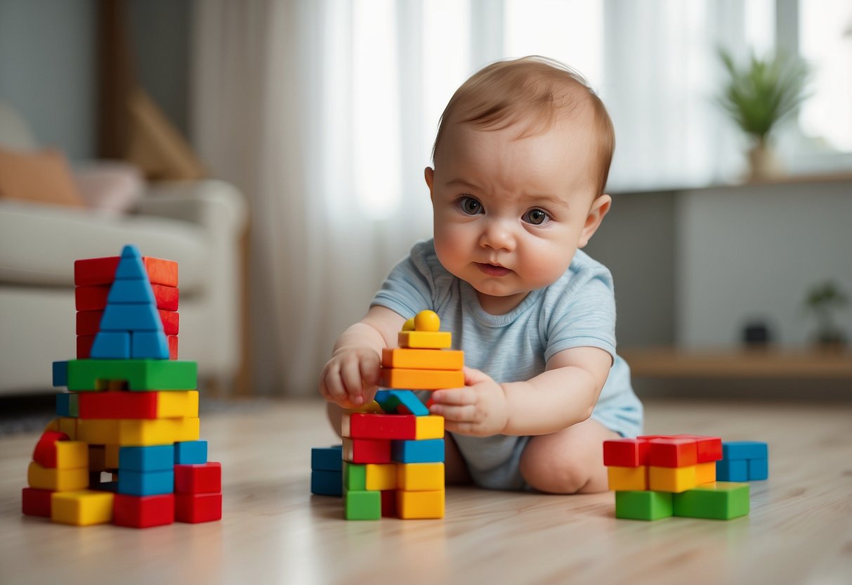 A baby sitting up and reaching for a toy, while making eye contact with a caregiver. Nearby, a stack of blocks is being knocked over by the baby's curious exploration