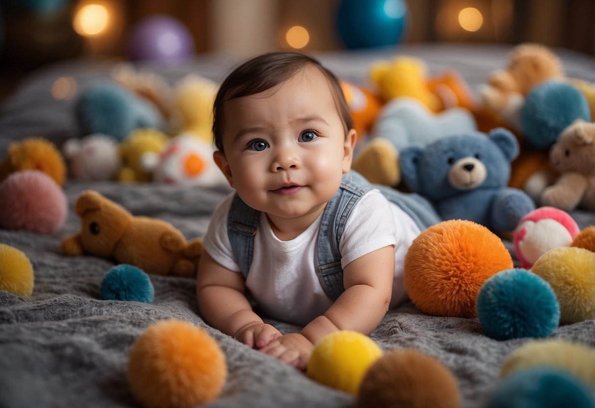 A baby lying on a soft blanket, surrounded by colorful toys. The baby is reaching out to touch and explore the toys with curiosity and excitement