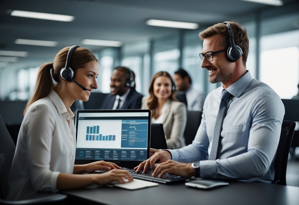 An office setting with employees receiving AI training, managers monitoring progress, and customer service representatives using AI-driven call center solutions to improve customer retention