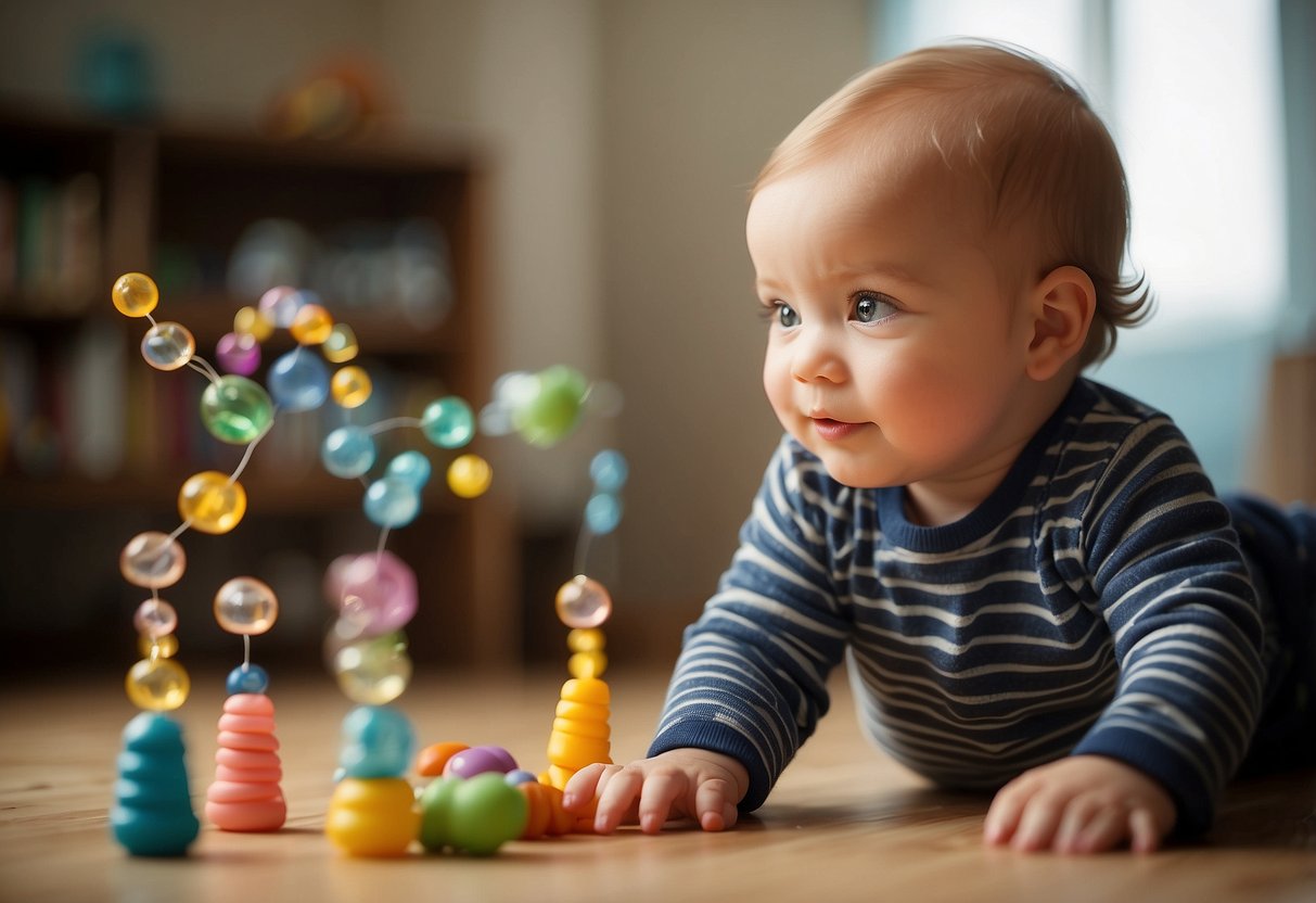 A baby reaches for objects, showing cognitive development