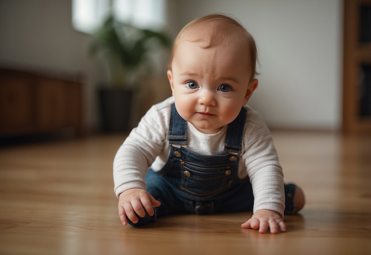 A baby sits unaided, reaching for objects, and turning to look at different things in the room