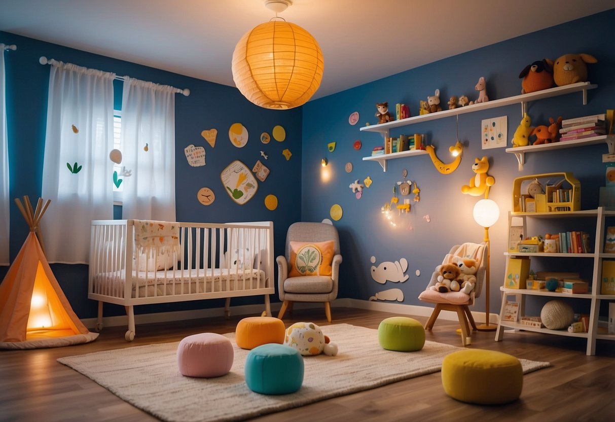 A colorful playroom with interactive toys and books, soft lighting, and soothing music. A mobile above a crib with contrasting patterns and shapes