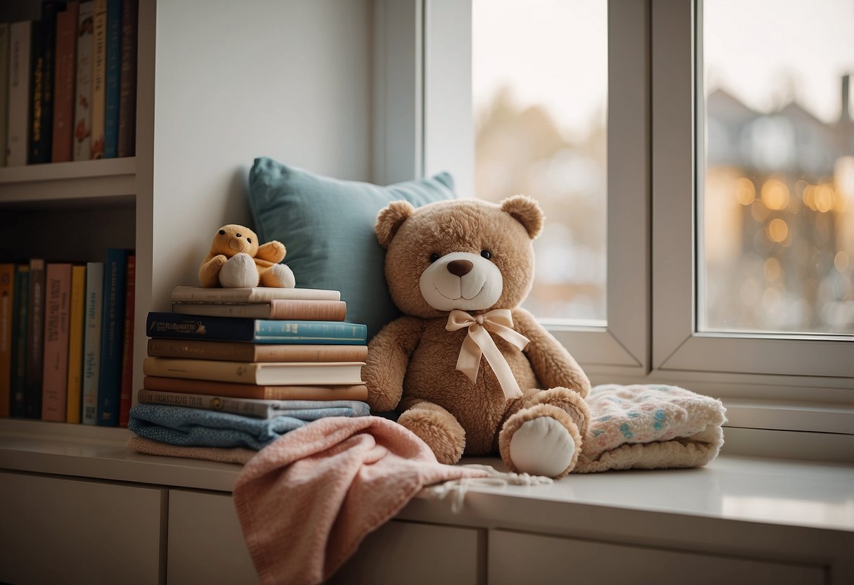 A cozy nursery with a stack of colorful books on a shelf, a soft blanket on the floor, and a cuddly toy nearby. A gentle light filters through the window, creating a warm and inviting atmosphere for reading