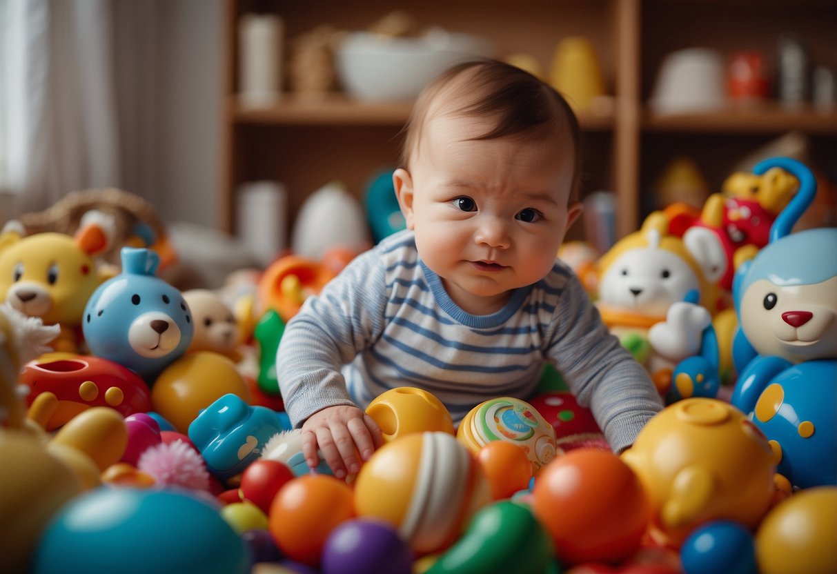 A baby surrounded by colorful musical toys, listening to soothing melodies, and engaging in interactive activities with a caregiver