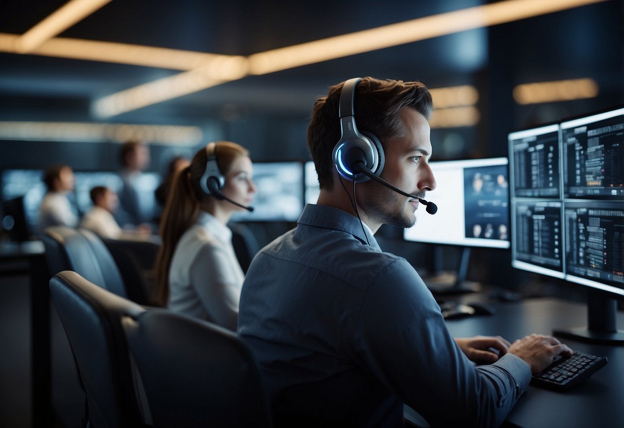 AI-driven call center solutions streamline customer support. Illustrate a modern, tech-savvy call center with AI algorithms at work, improving customer retention