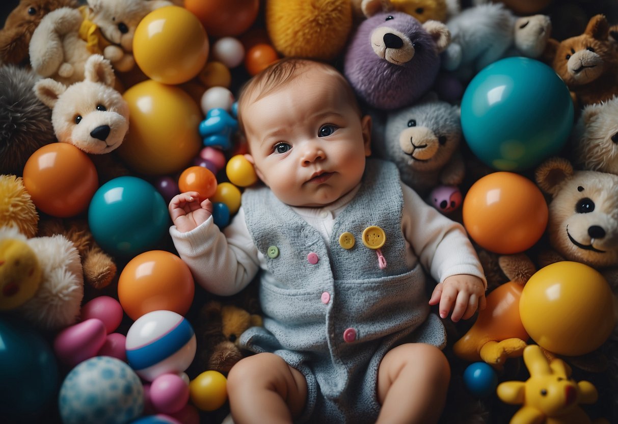 A baby surrounded by colorful toys and textures, reaching out to touch and explore different objects