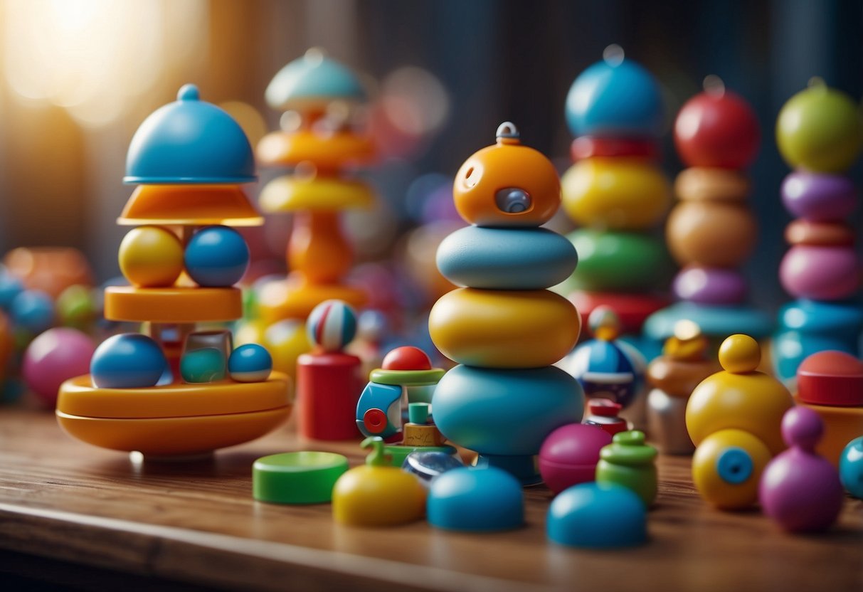 Colorful educational toys arranged in a playful and organized manner. Variety of shapes, sizes, and textures visible. Bright lighting to highlight details