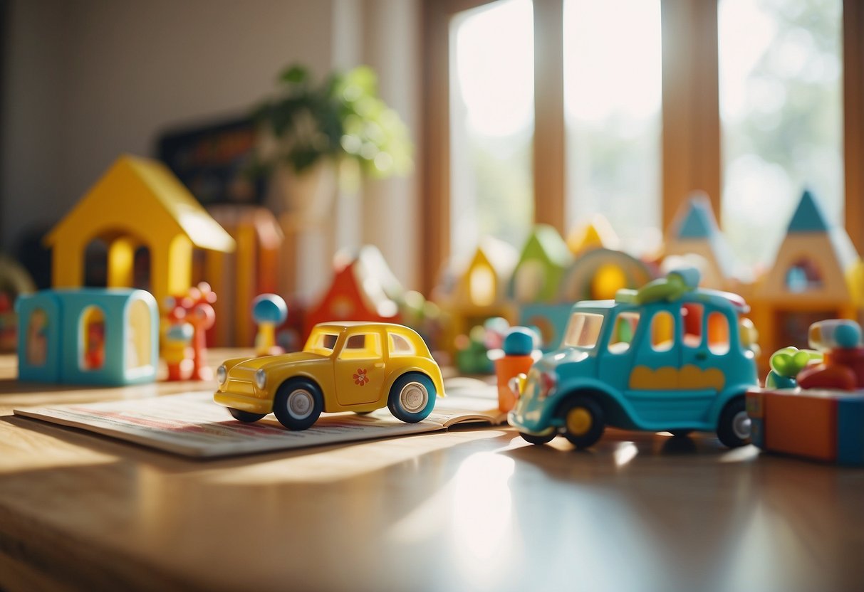 A colorful play area with various toys and books scattered around. Soft music playing in the background. Bright natural light streaming in through the windows