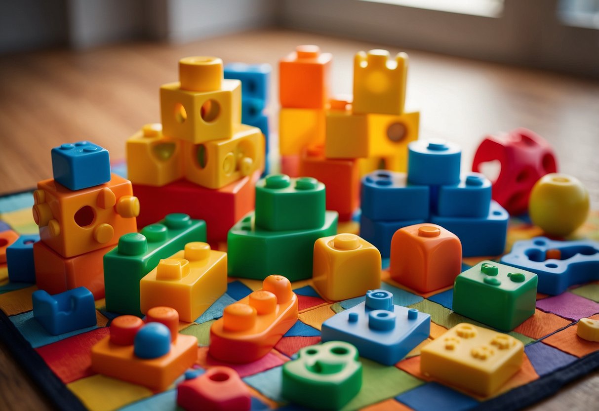 Five toys arranged on a colorful play mat, including building blocks, puzzles, shape sorters, and stacking rings. Light shines through a nearby window, casting shadows on the toys