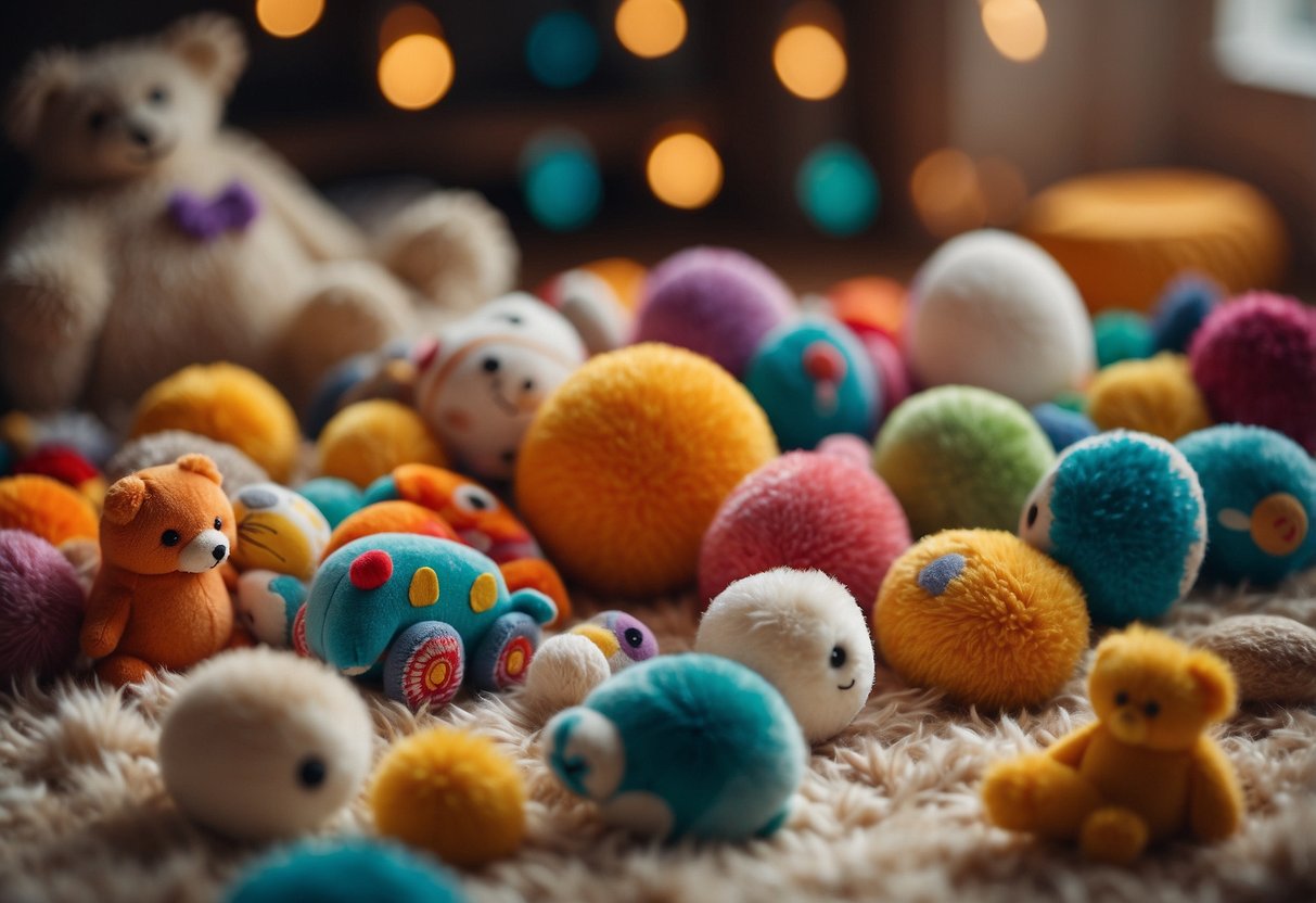 A colorful array of toys and books scattered across a soft, plush rug. A mobile of different shapes and textures hangs above, gently swaying in the breeze