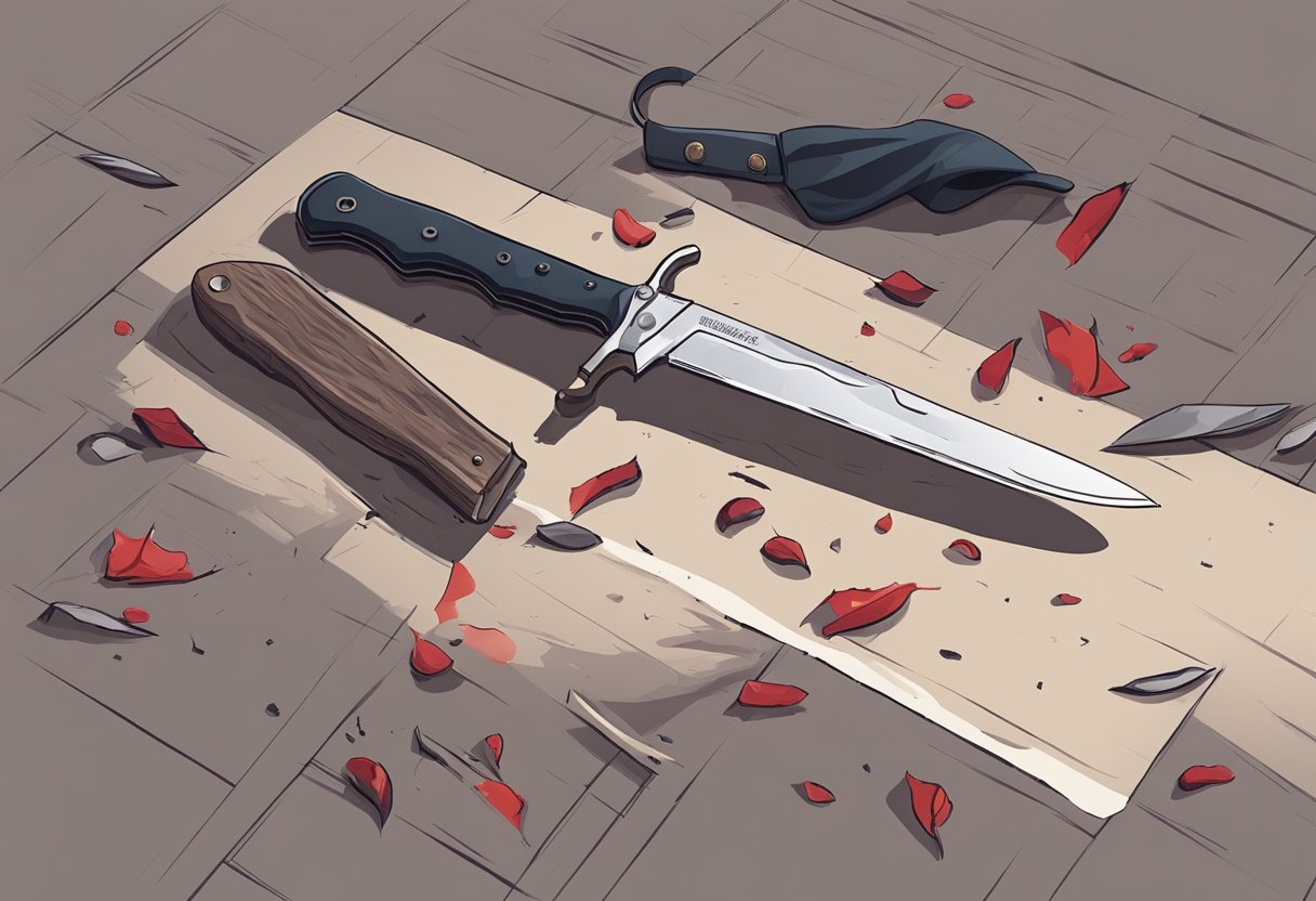 A bloodied knife lies on the ground next to a fallen figure