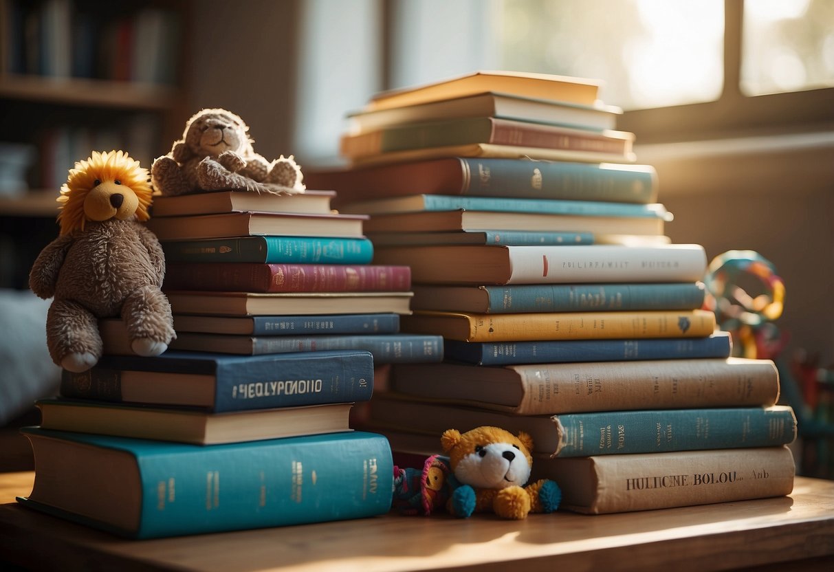 A stack of vibrant books arranged in a playful and inviting manner, surrounded by toys and educational materials, with soft natural light streaming in from a nearby window