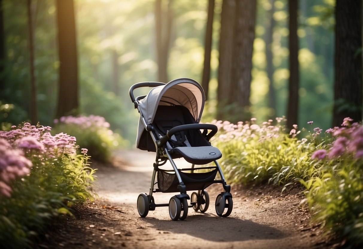 A baby stroller on a winding forest path, surrounded by colorful flowers, tall trees, and chirping birds. A gentle breeze rustles the leaves as the sun filters through the canopy