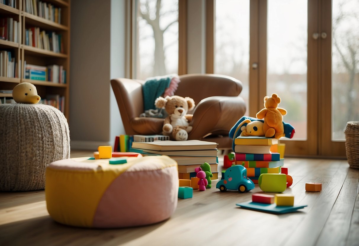 A cozy room with colorful books and toys scattered on the floor. Soft light filters in through the window, creating a warm and inviting atmosphere. A comfortable chair and a small table are set up for story time