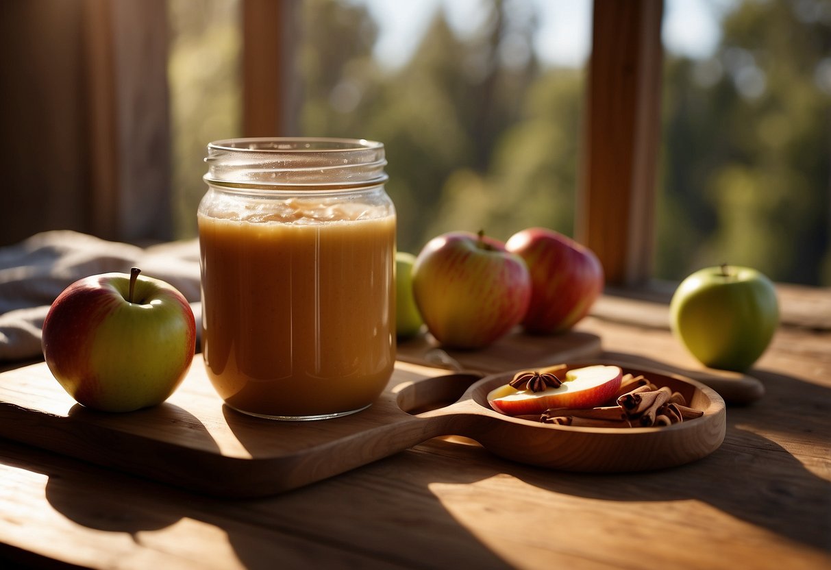 Fresh apples, cinnamon sticks, and a jar of applesauce on a wooden table. A mixing bowl and a spoon sit nearby. Sunlight streams in from a nearby window