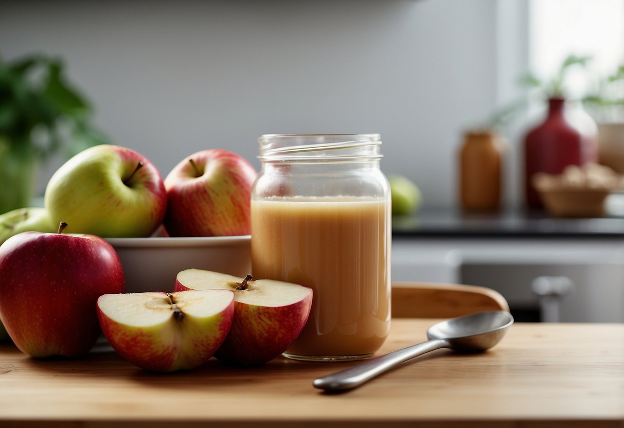 A bowl of fresh apples, a jar of applesauce, and a measuring cup of ingredients on a kitchen counter