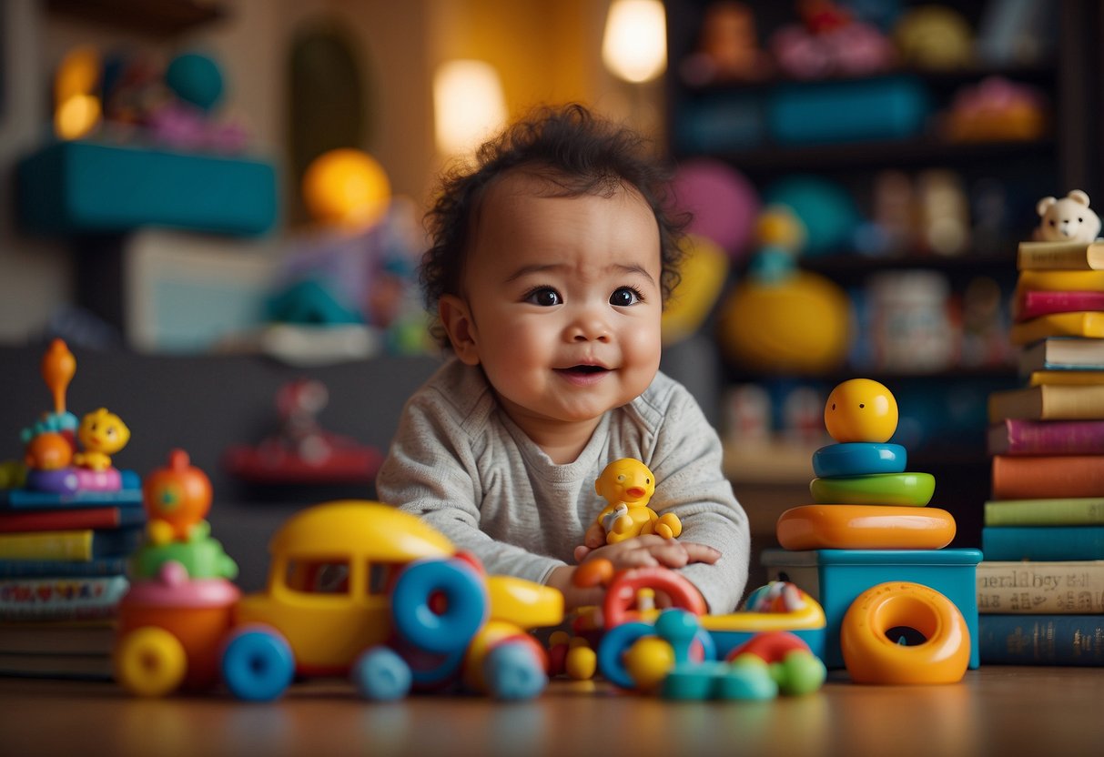 A baby surrounded by colorful toys and books, with a caregiver engaging in eye contact and conversation. The baby's face lights up with curiosity and excitement as they explore and interact with their surroundings