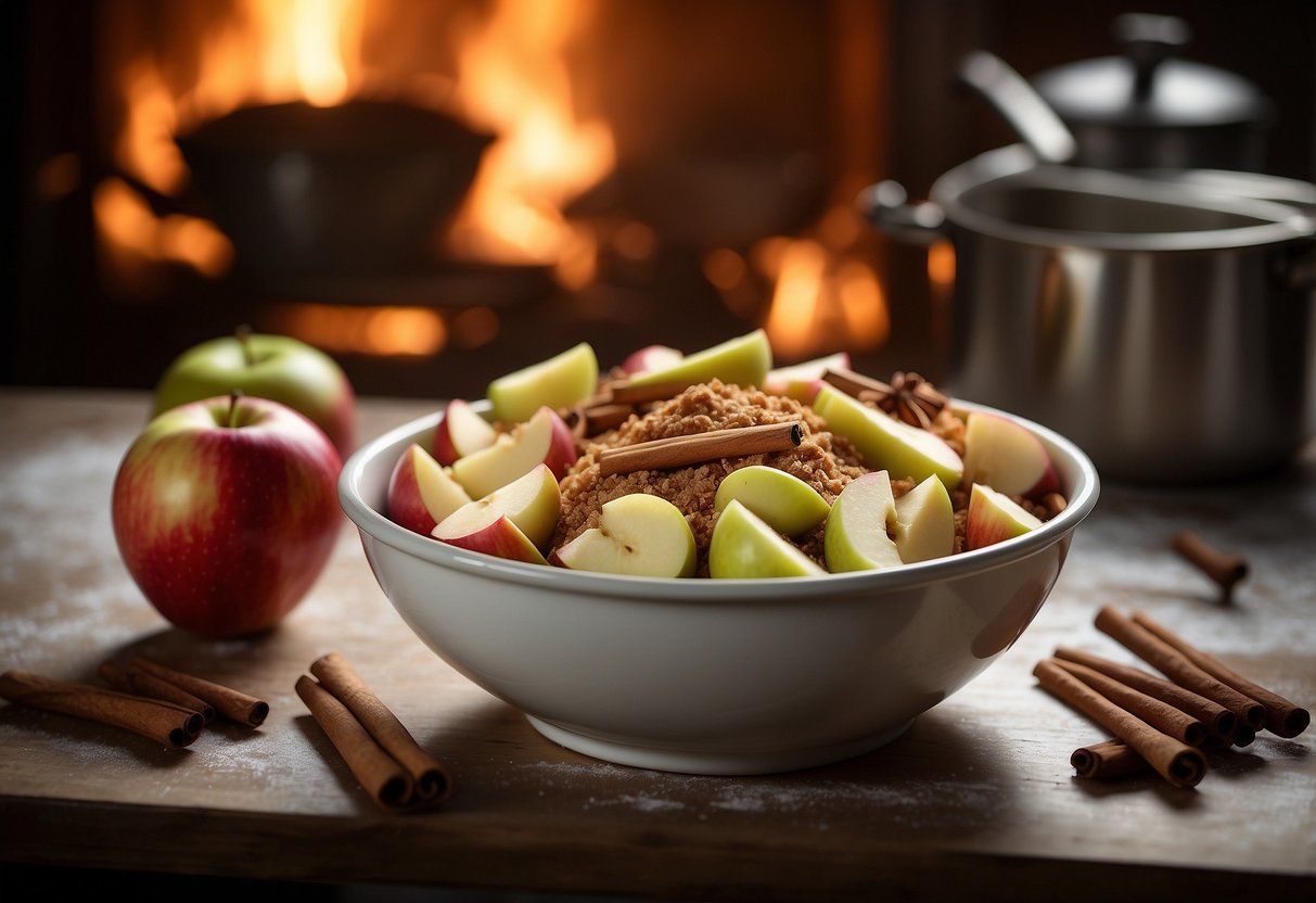 A mixing bowl filled with apples, cinnamon, and sugar. A baking sheet lined with parchment paper. An oven preheating to 375°F