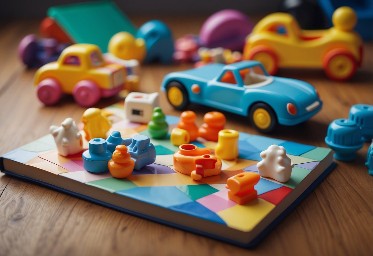 A baby's toys scattered on the floor, a book open to colorful pages, and a puzzle with pieces neatly arranged