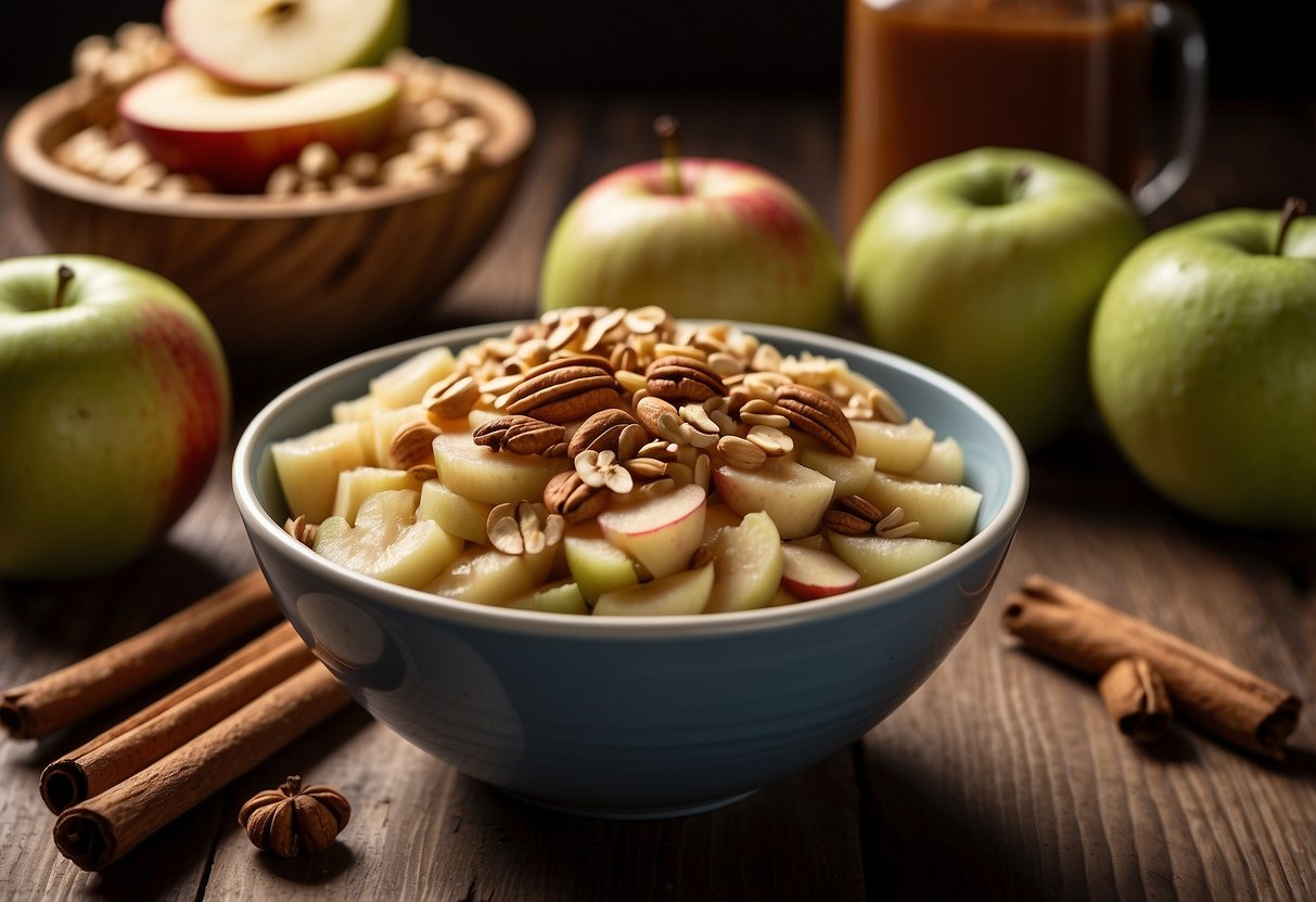 A bowl of fresh apples, cinnamon sticks, and a jar of applesauce sit on a wooden table, surrounded by scattered ingredients like oats and nuts