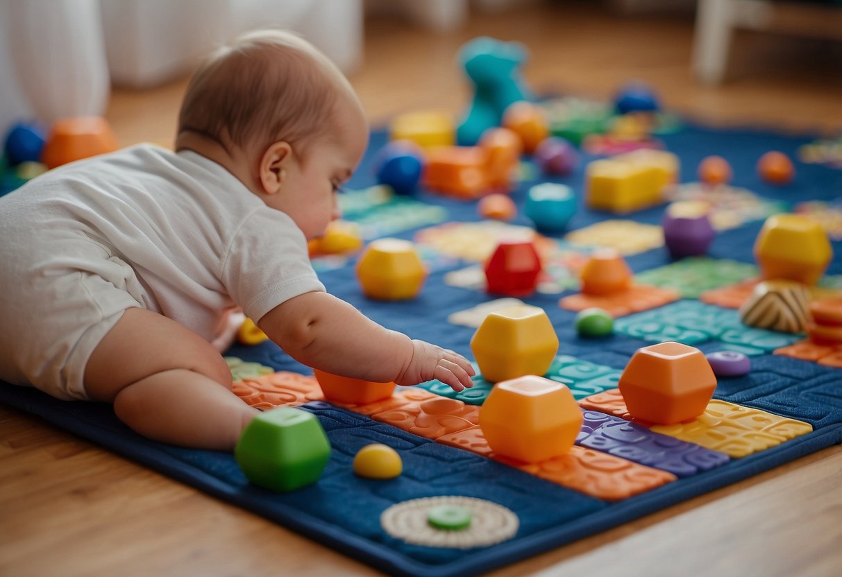 A baby's hand reaches for colorful toys on a play mat, showing early signs of cognitive development