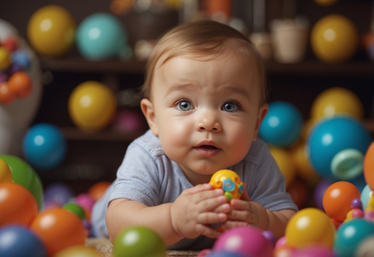 A baby reaching out to touch and explore new objects, with wide eyes and a curious expression, surrounded by toys and colorful shapes