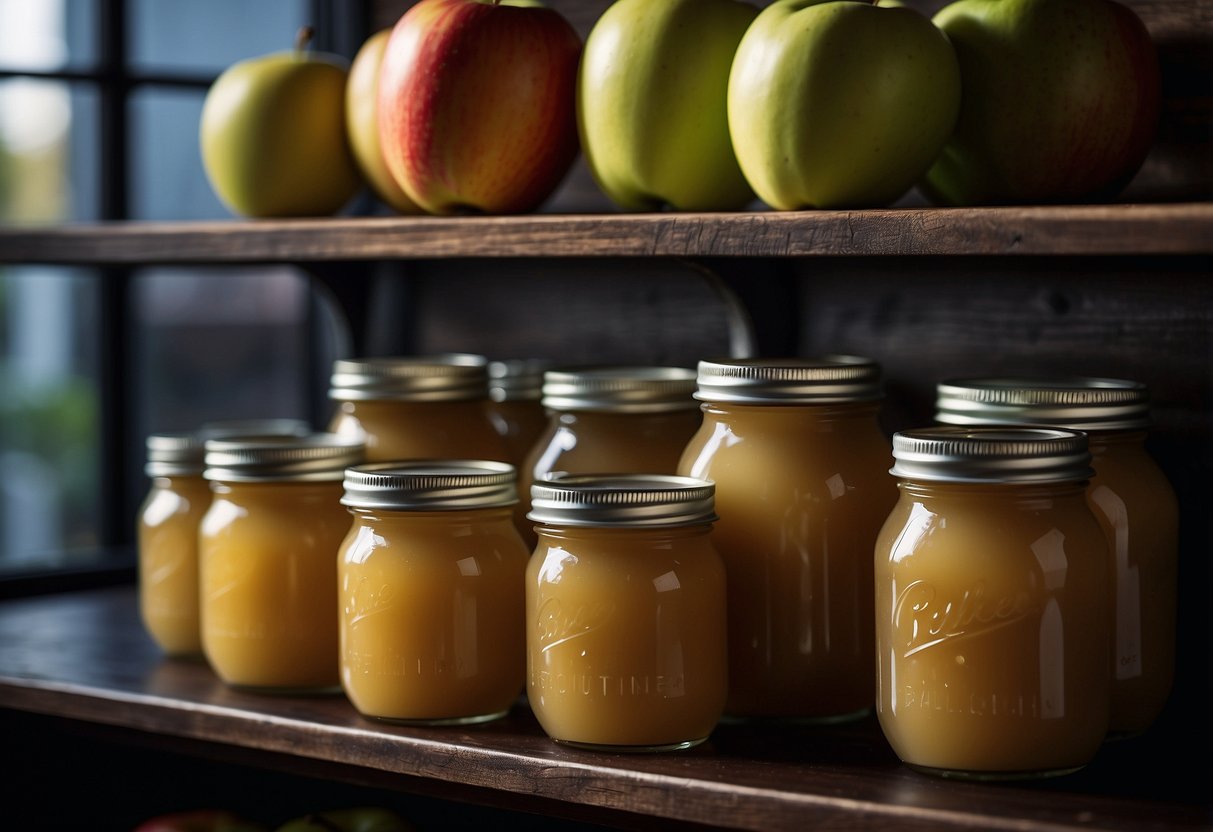 Freshly baked applesauce in glass jars, sealed with colorful lids, placed on a wooden shelf in a cool, dark pantry