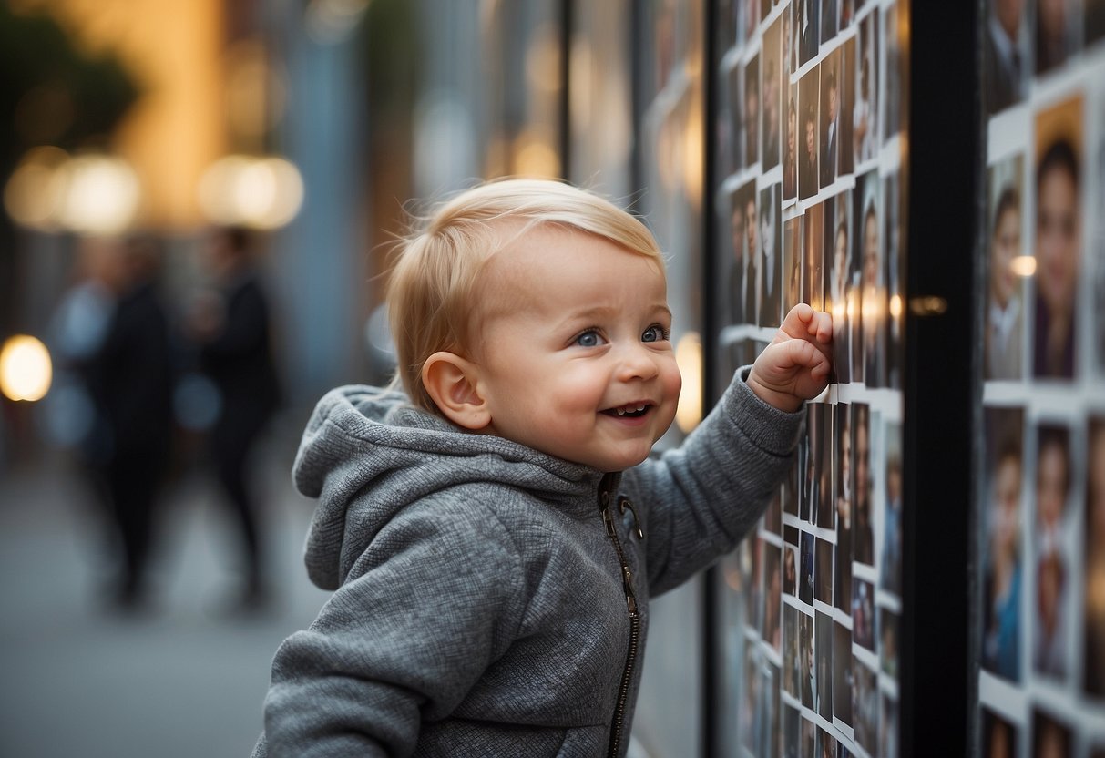 A baby pointing at pictures of familiar faces on a board, while smiling and showing interest in the images