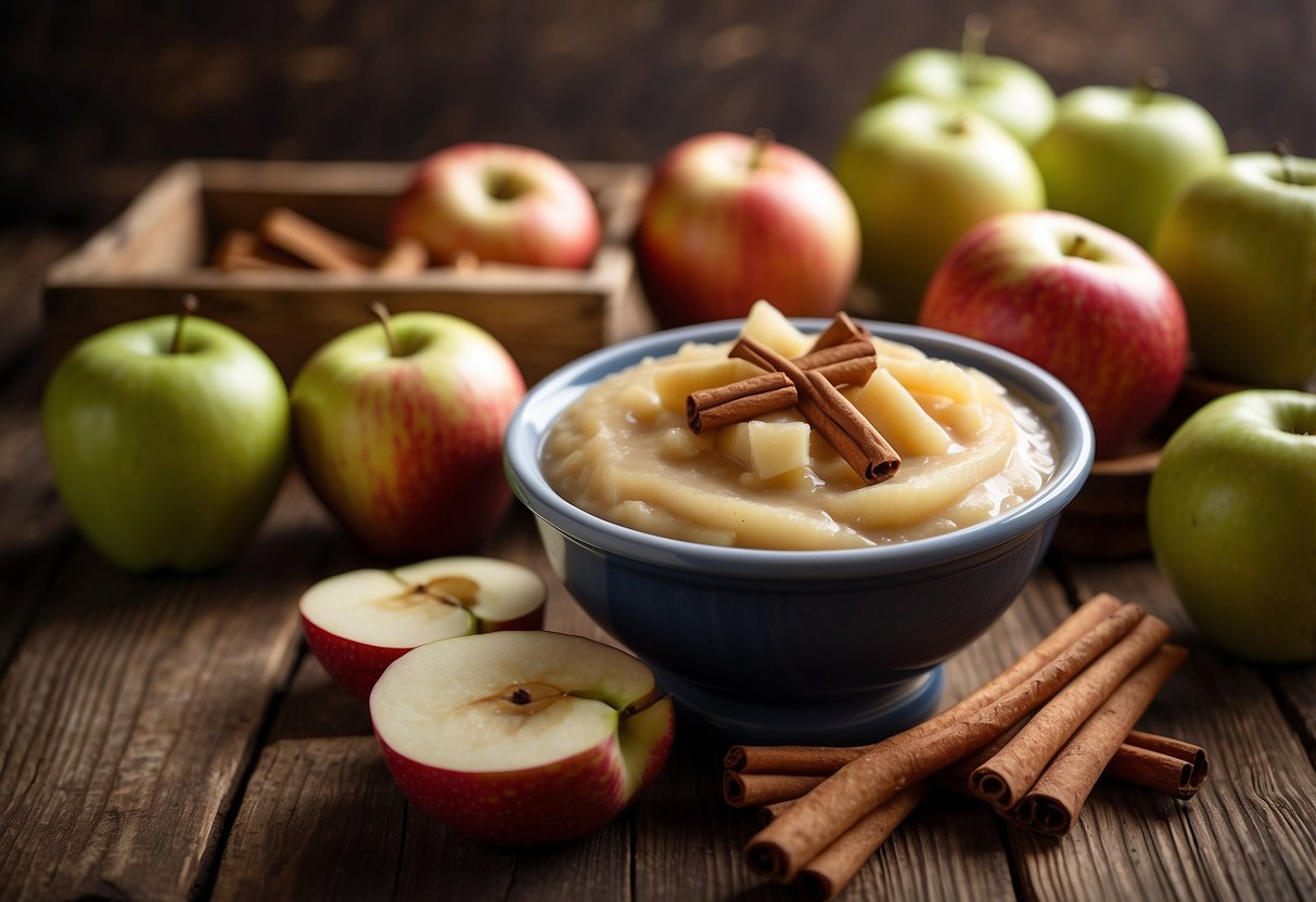 A bowl of homemade applesauce surrounded by fresh apples, cinnamon sticks, and a jar of maple syrup on a rustic wooden table