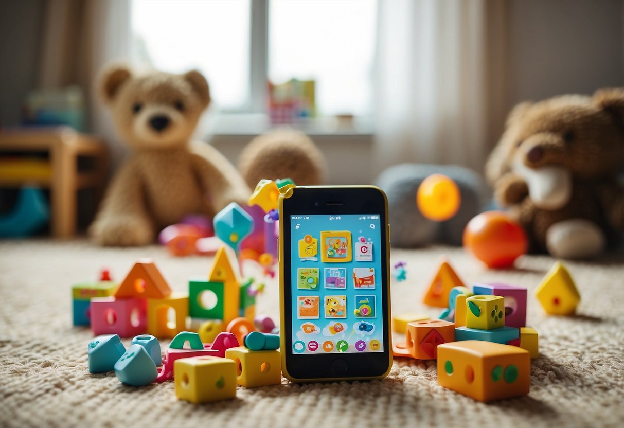 A baby's toys scattered on the floor, with colorful shapes and patterns. A book open to a page with bold, contrasting images. A mobile hanging above, with various shapes and textures