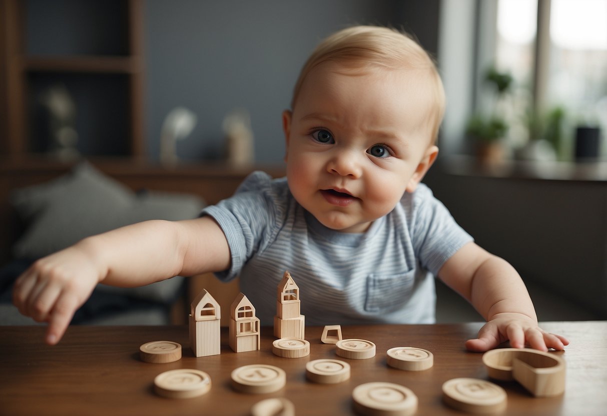 A baby pointing to objects, imitating sounds, and recognizing familiar faces. Sorting shapes and responding to simple instructions