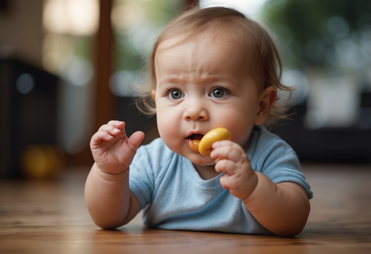 A baby explores objects with their mouth and hands, showing early cognitive skills